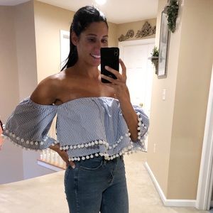 Striped Pom Pom Off The Shoulder Top